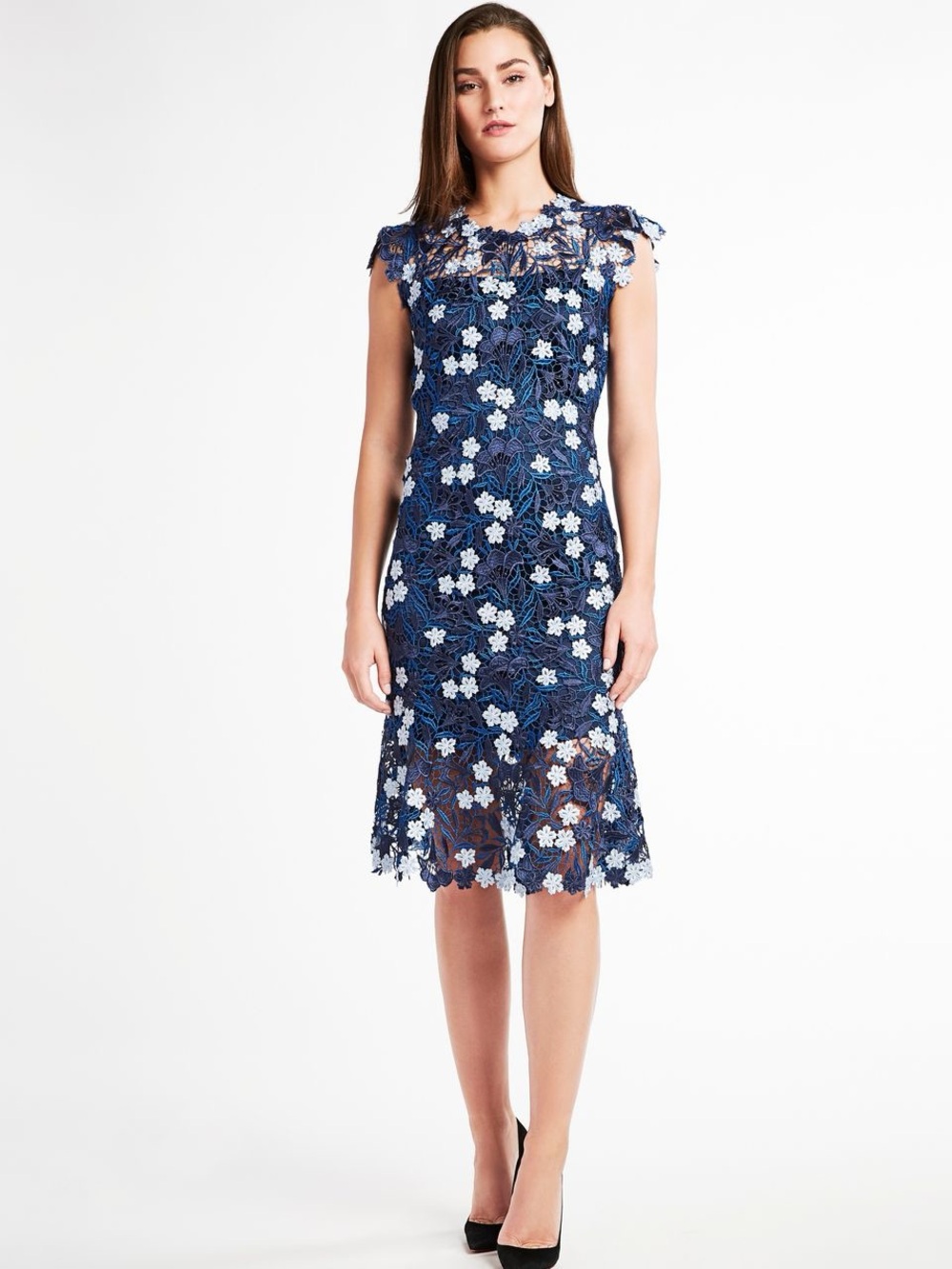 Elie Tahari Navy and Light Blue Floral Lace Maxi Dress